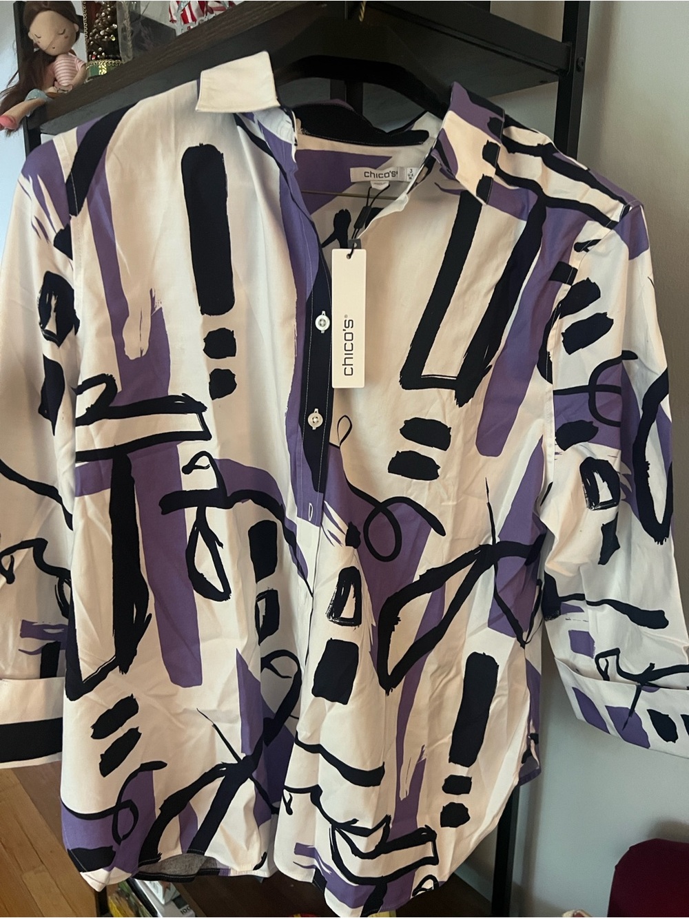 NWT Chico's Sz #3 (LG)No Iron Linen Abstract Floral 3/4 Sleeve Button Shirt